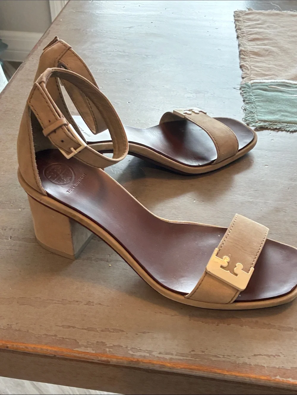 Tory Burch Taupe Suede Ankle-Strap Block Heel Sandals